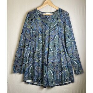 J. Jill Tunic Top Size L Blue Green Paisley Floral Smocked Stretch Boho Whimsy